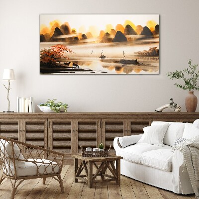 A peaceful landscape with mountains and water Glass Wall Art