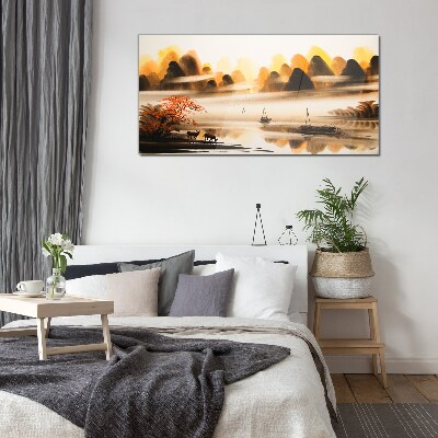 A peaceful landscape with mountains and water Glass Wall Art