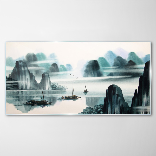 A peaceful lake in a mountain landscape Glass Wall Art