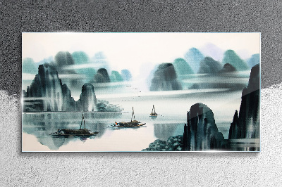 A peaceful lake in a mountain landscape Glass Wall Art