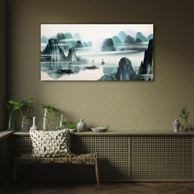A peaceful lake in a mountain landscape Glass Wall Art