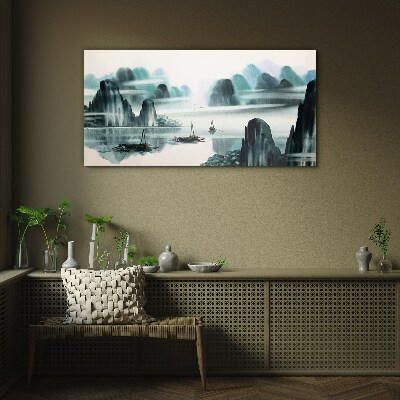 Chinese ink boats Glass Wall Art