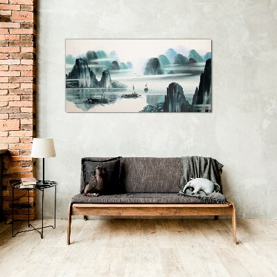 A peaceful lake in a mountain landscape Glass Wall Art