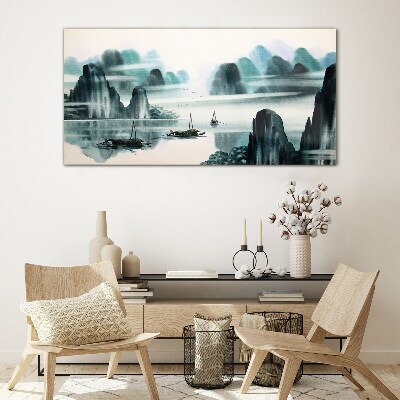 Chinese ink boats Glass Wall Art