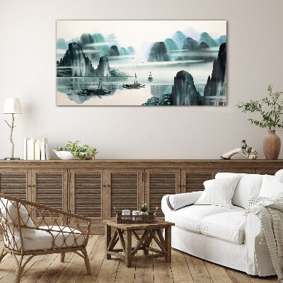 A peaceful lake in a mountain landscape Glass Wall Art