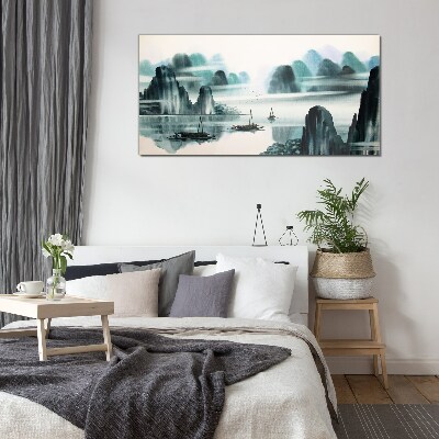 A peaceful lake in a mountain landscape Glass Wall Art
