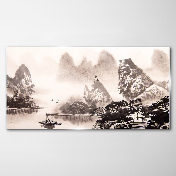 A peaceful mountain landscape in monochrome Glass Wall Art