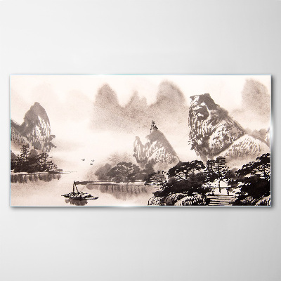 A peaceful mountain landscape in monochrome Glass Wall Art