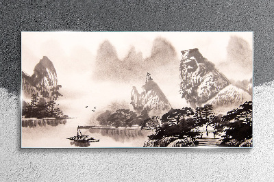 A peaceful mountain landscape in monochrome Glass Wall Art