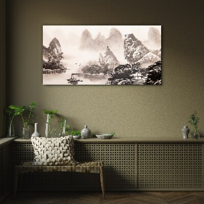 A peaceful mountain landscape in monochrome Glass Wall Art