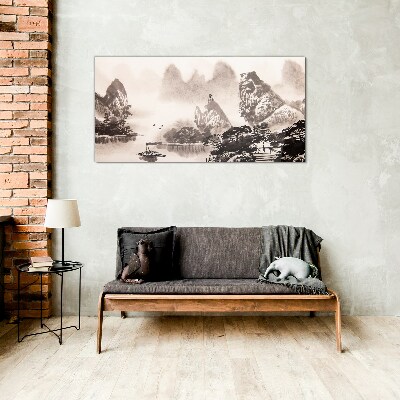 A peaceful mountain landscape in monochrome Glass Wall Art