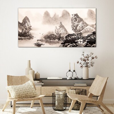 A peaceful mountain landscape in monochrome Glass Wall Art