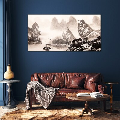 A peaceful mountain landscape in monochrome Glass Wall Art