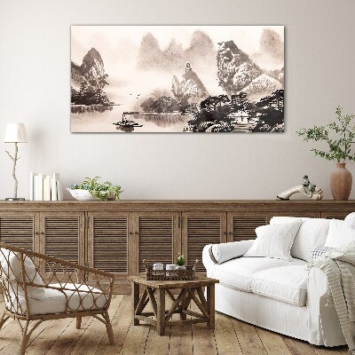 A peaceful mountain landscape in monochrome Glass Wall Art