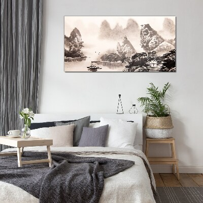 A peaceful mountain landscape in monochrome Glass Wall Art