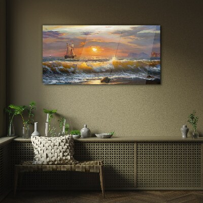 Sunset over the sea Glass Wall Art