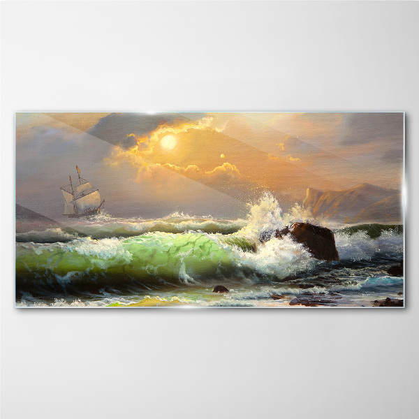 Stormy sea with a sailing ship Glass Wall Art