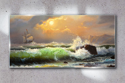 Ship waves sunset Glass Wall Art