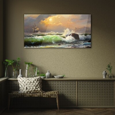 Stormy sea with a sailing ship Glass Wall Art