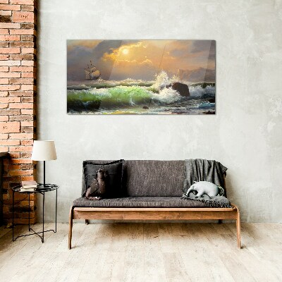 Stormy sea with a sailing ship Glass Wall Art