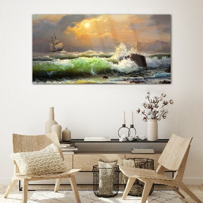 Stormy sea with a sailing ship Glass Wall Art