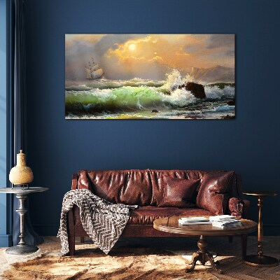 Stormy sea with a sailing ship Glass Wall Art