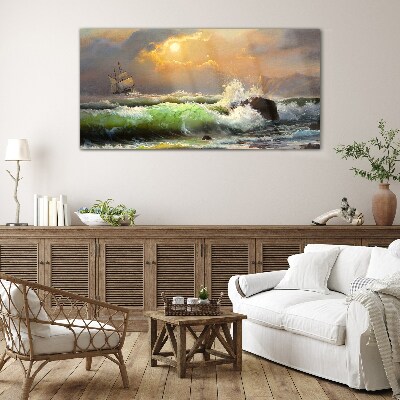 Stormy sea with a sailing ship Glass Wall Art