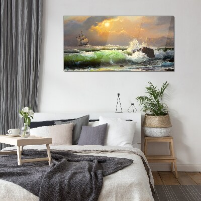Stormy sea with a sailing ship Glass Wall Art