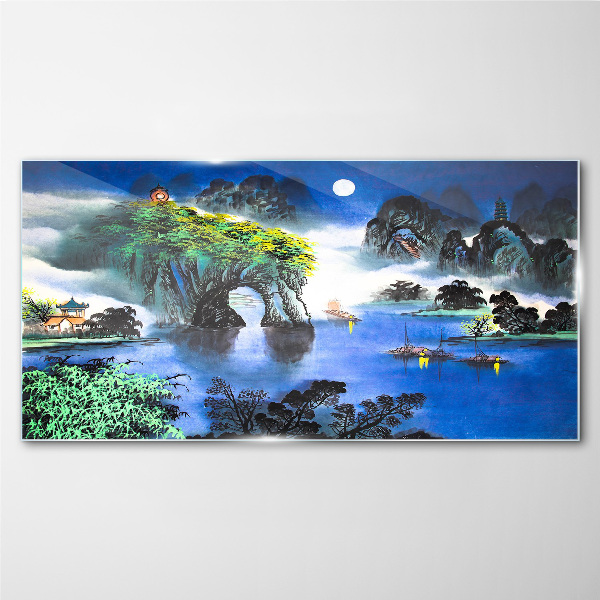 A peaceful night landscape with mountains Glass Wall Art