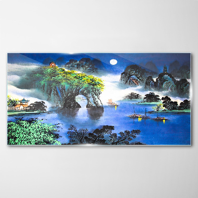 A peaceful night landscape with mountains Glass Wall Art