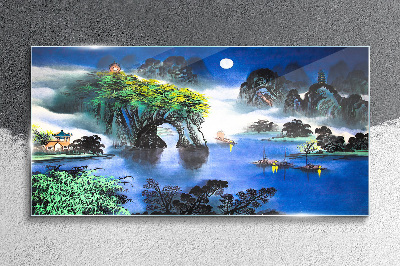 A peaceful night landscape with mountains Glass Wall Art