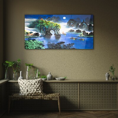 A peaceful night landscape with mountains Glass Wall Art