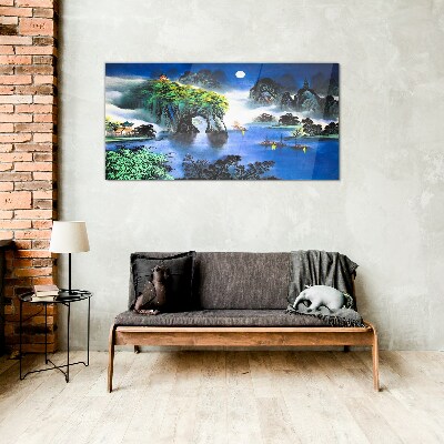 A peaceful night landscape with mountains Glass Wall Art