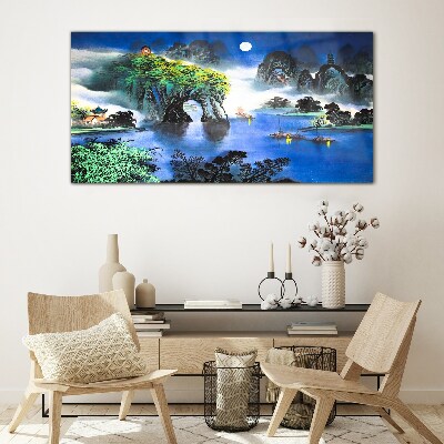 A peaceful night landscape with mountains Glass Wall Art