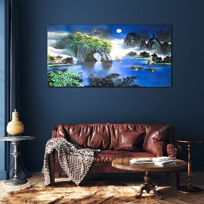 A peaceful night landscape with mountains Glass Wall Art