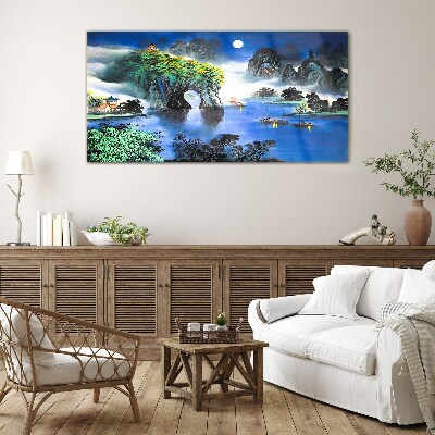 A peaceful night landscape with mountains Glass Wall Art