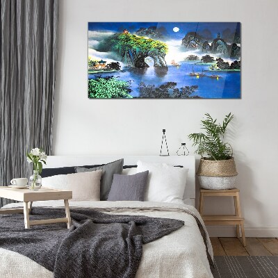 A peaceful night landscape with mountains Glass Wall Art