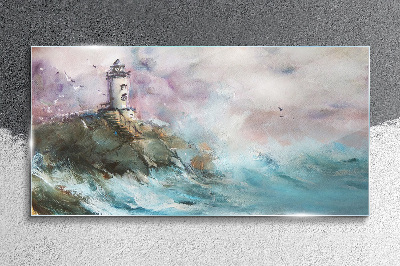 A lighthouse in a stormy landscape Glass Wall Art