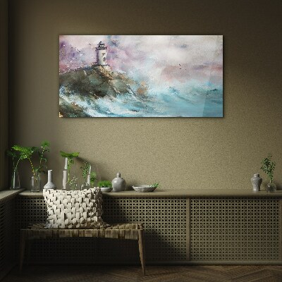 A lighthouse in a stormy landscape Glass Wall Art