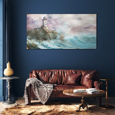 A lighthouse in a stormy landscape Glass Wall Art