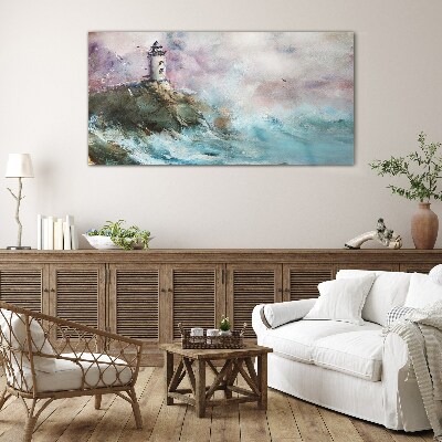 A lighthouse in a stormy landscape Glass Wall Art