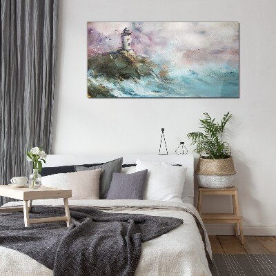 A lighthouse in a stormy landscape Glass Wall Art