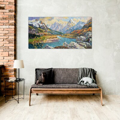 Mountain landscape with a river Glass Wall Art