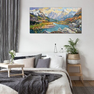 Mountain landscape with a river Glass Wall Art