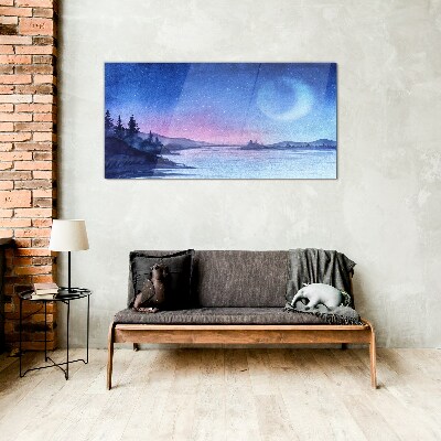 A magical evening by the lake Glass Wall Art