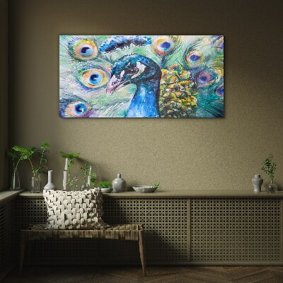 Colorful peacock among feathers Glass Wall Art