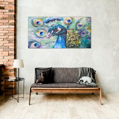 Colorful peacock among feathers Glass Wall Art