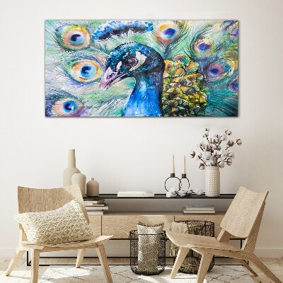 Colorful peacock among feathers Glass Wall Art