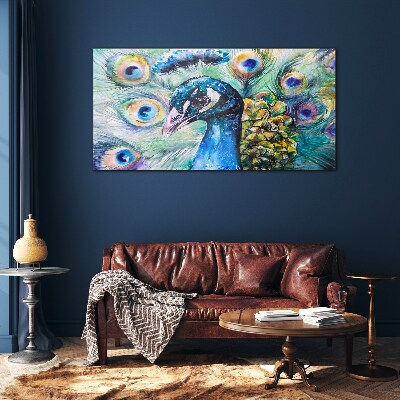 Colorful peacock among feathers Glass Wall Art