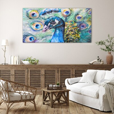 Colorful peacock among feathers Glass Wall Art